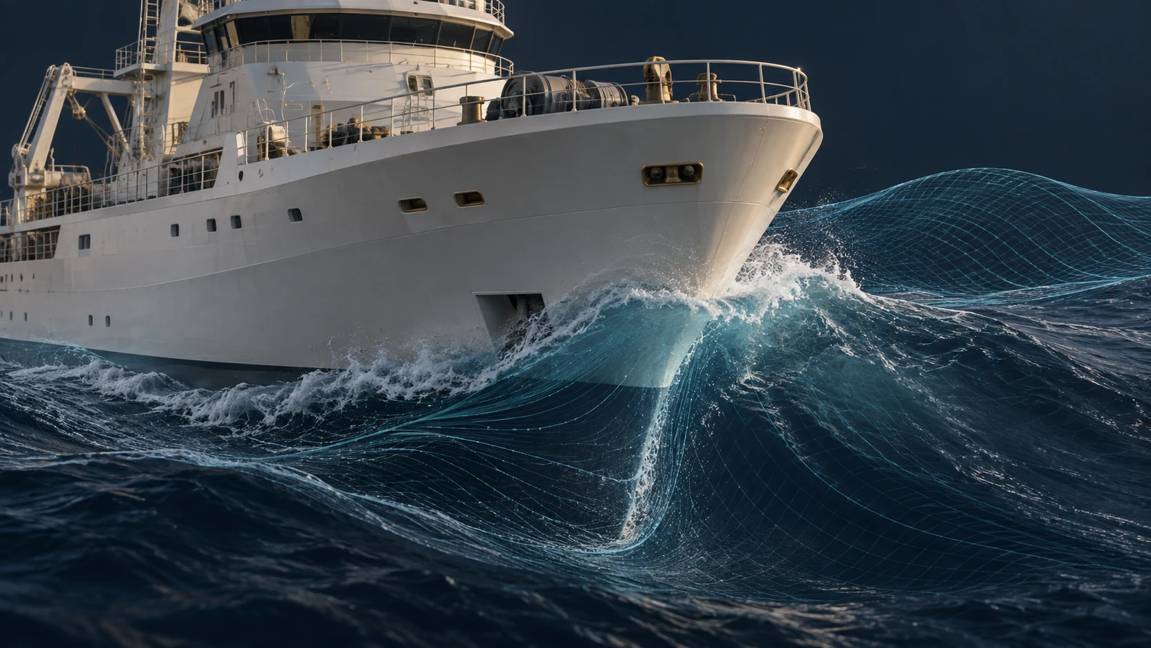 Illustration of a vessel bow and wave surface with a numerical mesh