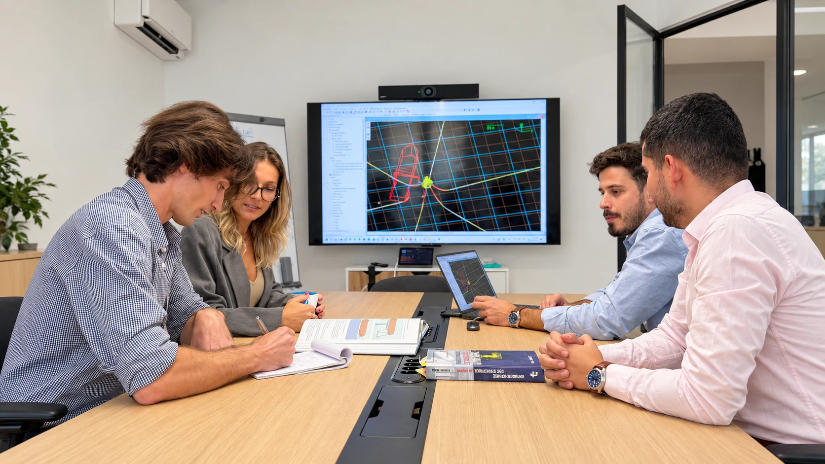 Nautilus Dynamics colleagues reviewing engineering work around a table