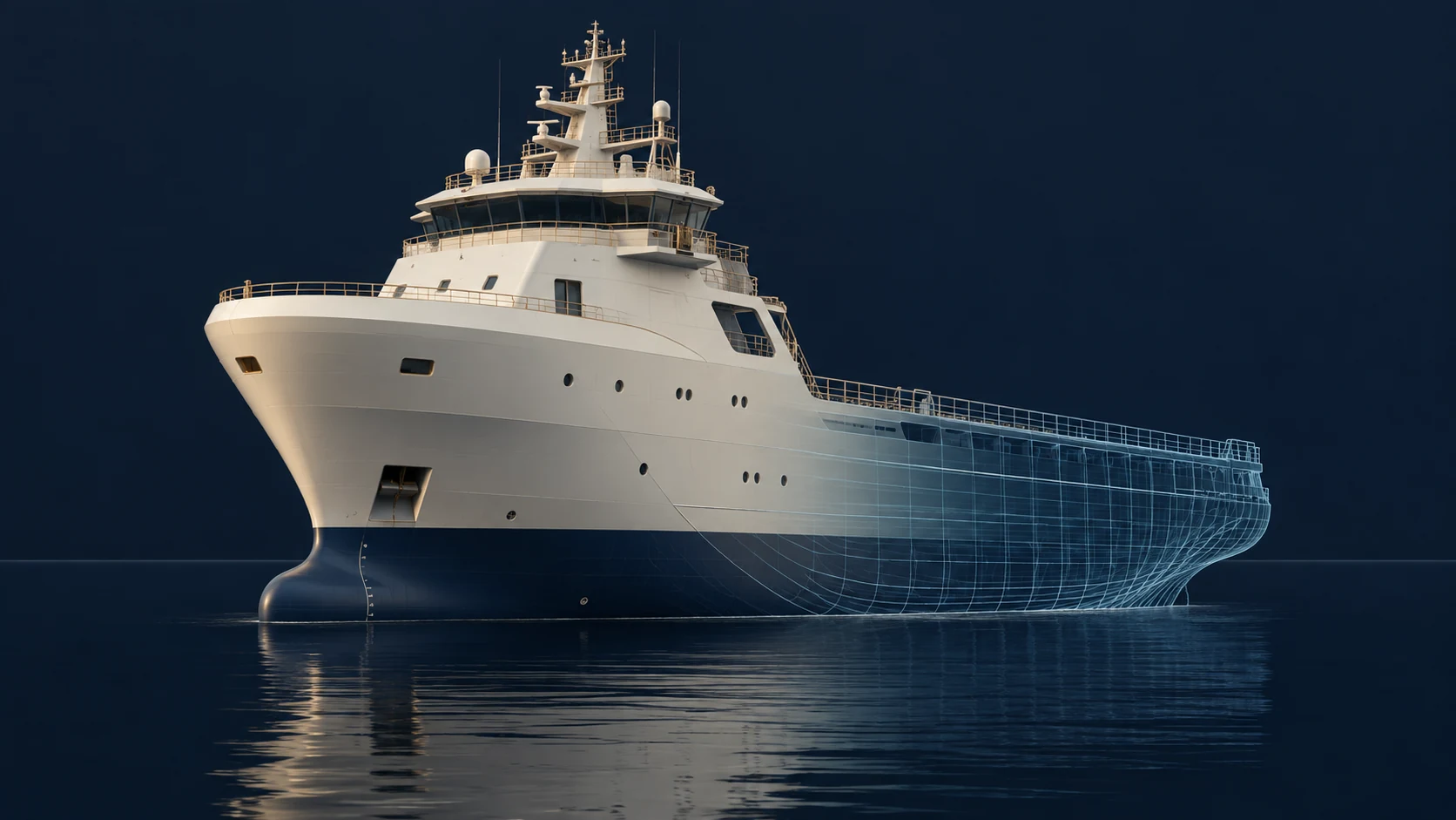 Illustration of an offshore vessel hull transitioning into a wireframe model