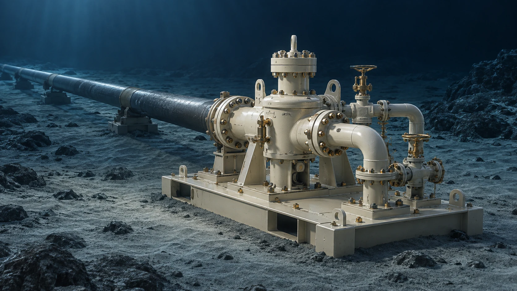 Illustration of a subsea pipeline-end manifold and foundation